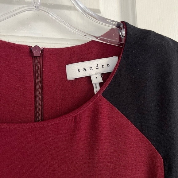 SANDRO Paris Burgundy Black Colour Block Long Sleeve Shift Dress Size 1 - Picture 3 of 15